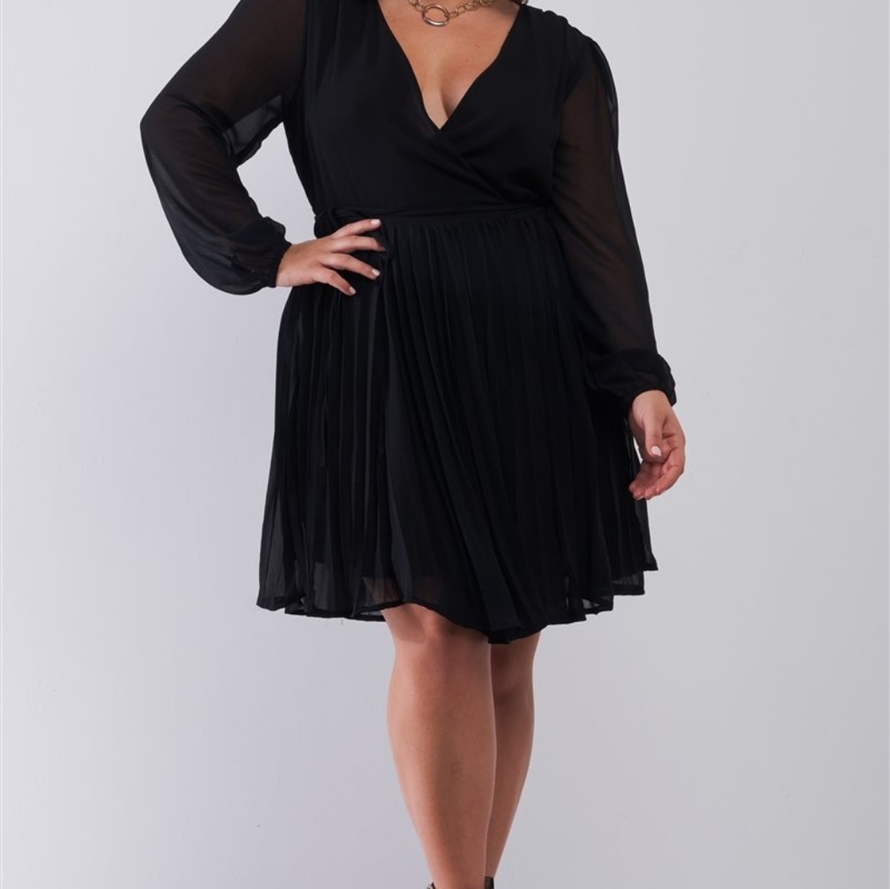 Plus Wrap Deep V-neck Long Puff Sleeve With Elasticated Cuff Pleated Mini Dress